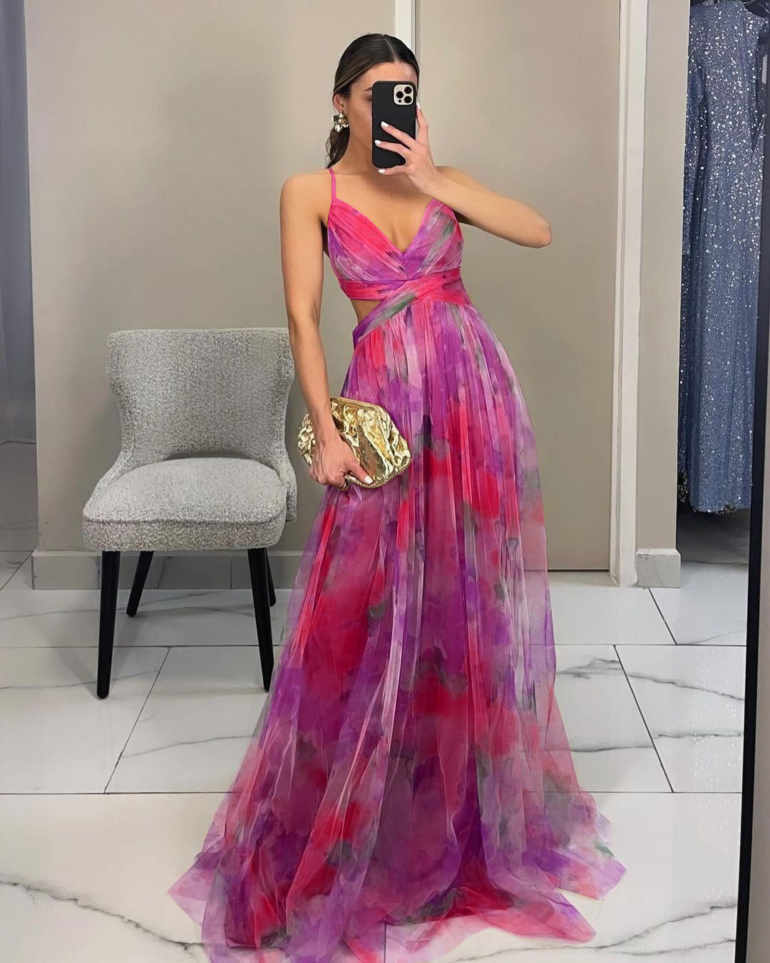 Alina – Elegante Mouwloze Maxi Jurk met Abstracte Print - Selvina