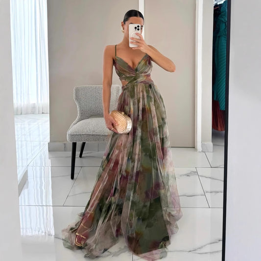 Alina – Elegante Mouwloze Maxi Jurk met Abstracte Print - Selvina